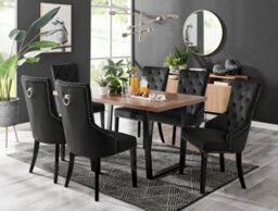 Furniturebox Kylo Brown Rectangular Wood Effect Dining Table & 6 Black Velvet Belgravia Black Leg Chairs