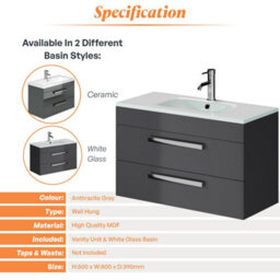 Plum&clay Novela Anthracite Grey Wall Hung Vanity Unit With Glass Basin Bathroom Furniture (W)800mm - thumbnail 4