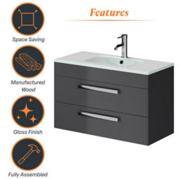 Plum&clay Novela Anthracite Grey Wall Hung Vanity Unit With Glass Basin Bathroom Furniture (W)800mm - thumbnail 5