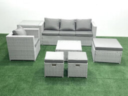 Fimous Garden Outdoor Furniture Set 7 Seater Rattan Sofa Set 3 Stools Armchair Side Table Light Grey - thumbnail 2