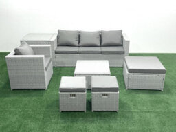 Fimous Garden Outdoor Furniture Set 7 Seater Rattan Sofa Set 3 Stools Armchair Side Table Light Grey - thumbnail 1