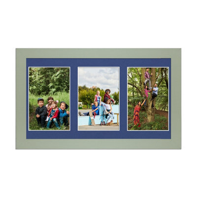 AK Frames 40X20Cm Green Modern Multi Photo Frame With Blue Mount - Holds 3 Apertures (3X) 6X4 Photos - image 1