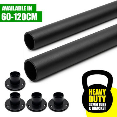 Heavy Duty, 32mm Black Industrial Wardrobe Rail, Set Of 2X 90Cm Wall Mounted Clothes Hanging Rail - image 1