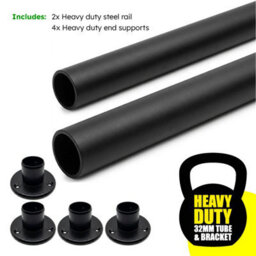 Heavy Duty, 32mm Black Industrial Wardrobe Rail, Set Of 2X 90Cm Wall Mounted Clothes Hanging Rail - thumbnail 5