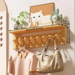 8-Hook Coat Rack+Shelf Wall Mounted Floating Shelf Wooden Hanger Pegs Rail Rack - thumbnail 2