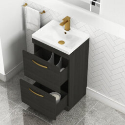 Royal Bathrooms Turin Hale Black 500mm Floor Standing Vanity Unit 2 Drawer With Mid-Edge Basin Sink & Brushed Brass Handles - thumbnail 3