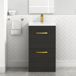 Royal Bathrooms Turin Hale Black 500mm Floor Standing Vanity Unit 2 Drawer With Mid-Edge Basin Sink & Brushed Brass Handles - thumbnail 1
