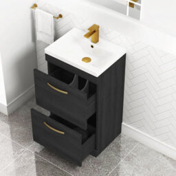 Royal Bathrooms Turin Hale Black 500mm Floor Standing Vanity Unit 2 Drawer With Mid-Edge Basin Sink & Brushed Brass Handles - thumbnail 5