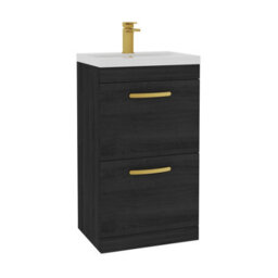 Royal Bathrooms Turin Hale Black 500mm Floor Standing Vanity Unit 2 Drawer With Mid-Edge Basin Sink & Brushed Brass Handles - thumbnail 6