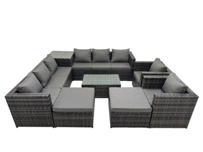 Fimous 10 Seater Garden Outdoor Rattan Furniture Set Patio Corner Sofa Rectangular Coffee Table With 2 Big Stools Side Table - image 1