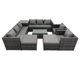 Fimous 10 Seater Garden Outdoor Rattan Furniture Set Patio Corner Sofa Rectangular Coffee Table With 2 Big Stools Side Table - thumbnail 1