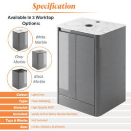 Plum&clay Mayfair Gloss Light Grey Freestanding Bathroom Vanity Unit With White Marble Countertop (W)550mm (H)745mm - thumbnail 5