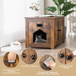Costway 3-In-1 Cat Litter Box Enclosure Side Entrance Cat House End Table Double Doors - thumbnail 9