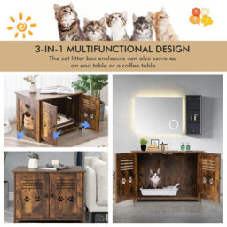 Costway 3-In-1 Cat Litter Box Enclosure Side Entrance Cat House End Table Double Doors - thumbnail 5