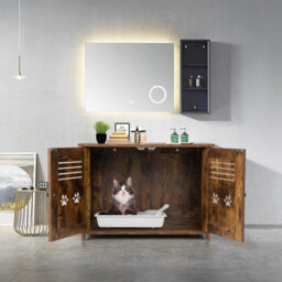 Costway 3-In-1 Cat Litter Box Enclosure Side Entrance Cat House End Table Double Doors - thumbnail 4