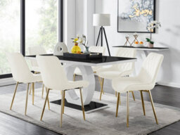 Furniturebox Giovani Rectangular 6 Seat White High Gloss Unique Halo Base Dining Table Black Glass Top 6 Cream Velvet Gold Leg Pesaro Chairs