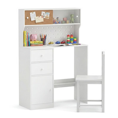 Gainoom Kids White Desk And Chair Set Wooden Study Desk With 2 Cabinets & 2 Drawers For 4-7 Years Old - image 1