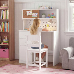 Gainoom Kids White Desk And Chair Set Wooden Study Desk With 2 Cabinets & 2 Drawers For 4-7 Years Old - thumbnail 4