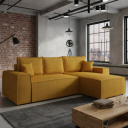 Malaga L Shaped Mdf Corner Sofa Bed With Storage Dl Pull Out Seat Loose Back Cushions 279X94X181 Mustard Corduroy Right - thumbnail 1