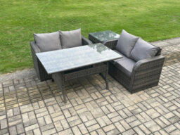 Fimous 4 Seater Rattan Outdoor Garden Furniture Set Rectangular Dining Table And Loveseat Sofa Set With Side Table - thumbnail 1