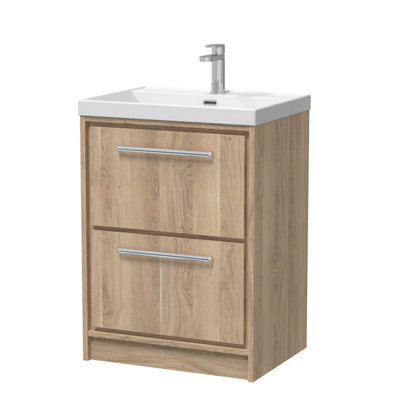 Hudson Reed Lille Floor Standing Two Drawer Contemporary Vanity Unit With 1 Tap Hole Basin In Bleached Oak, 610 X 460mm - image 1