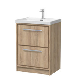 Hudson Reed Lille Floor Standing Two Drawer Contemporary Vanity Unit With 1 Tap Hole Basin In Bleached Oak, 610 X 460mm - thumbnail 2