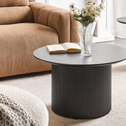 Wyld and Coco Aeroliving 50 Cm Round Coffee Table Black Mdf Top With Ribbed Metal Base, Compact Modern Design - thumbnail 2