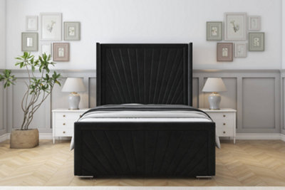 "Sloomy Rutherford Black Plush Bed Frame With 50""  Upholstered Wingback Headboard 2'6 Small Single" - image 1
