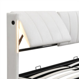 Abrihome Led Upholstered Bed ,double Bed-4Ft6(135X190Cm), Rechargeable Usb Port In Bed, With Storage Space, Pu, White - thumbnail 5