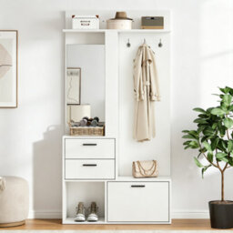 90Cm White Hallway Shoe Cabinet With Mirror & Coat Hooks - thumbnail 1