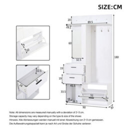 90Cm White Hallway Shoe Cabinet With Mirror & Coat Hooks - thumbnail 8