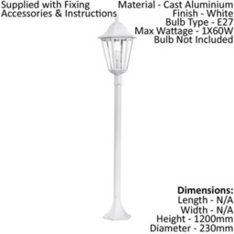 Stylish Ip44 Outdoor Bollard Light In White Aluminium - 1 X 60W E27 Tall Lamp Post - thumbnail 2