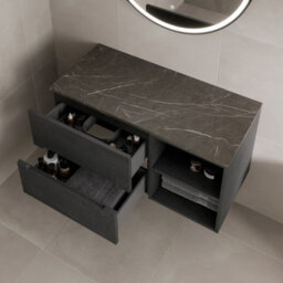 Affine 1000mm Bathroom Vanity Unit Grey Marble Countertop Wall Hung Fluted Black Unit - thumbnail 3