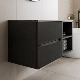 Affine 1000mm Bathroom Vanity Unit Grey Marble Countertop Wall Hung Fluted Black Unit - thumbnail 2