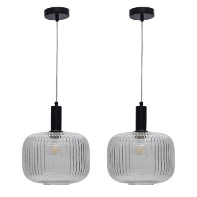 First Choice Lighting Set Of 2 Batley Large - Clear Ribbed Glass Black Deco Pendant Fittings - image 1