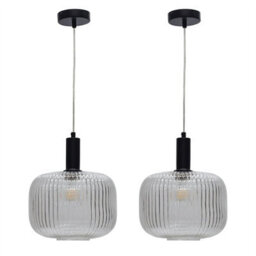 First Choice Lighting Set Of 2 Batley Large - Clear Ribbed Glass Black Deco Pendant Fittings - thumbnail 1