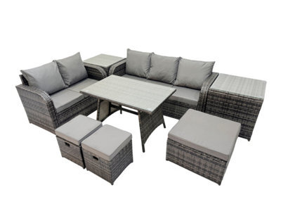 Fimous Garden Rattan Outdoor Furniture Set 8 Seater With Love Sofa 3 Seater Sofa 2 Side Table 3 Stool Dark Grey - image 1