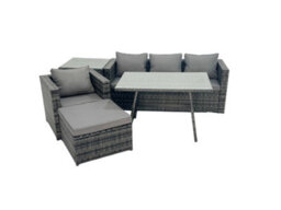 Fimous Rattan Dining Table Sofa Armchair Set With Side Table Big Footstool Outdoor Garden Furniture Set Dark Grey Mixed - thumbnail 1