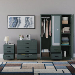 Lassic Vida Designs Riano 3 Piece Bedroom Set (3 Drawer Bedside Chest, 4 Drawer Chest, 3 Door 2 Drawer Mirrored Wardrobe), Green - thumbnail 2