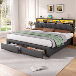 Btm 6Ft Super King Upholstered Storage Bed, Hydraulic Lift, Led Headboard With Charging, Linen Grey (No Mattress) - thumbnail 4