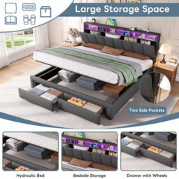 Btm 6Ft Super King Upholstered Storage Bed, Hydraulic Lift, Led Headboard With Charging, Linen Grey (No Mattress) - thumbnail 7
