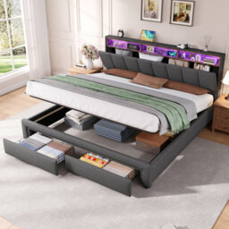 Btm 6Ft Super King Upholstered Storage Bed, Hydraulic Lift, Led Headboard With Charging, Linen Grey (No Mattress) - thumbnail 2