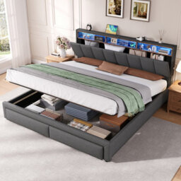 Btm 6Ft Super King Upholstered Storage Bed, Hydraulic Lift, Led Headboard With Charging, Linen Grey (No Mattress) - thumbnail 5
