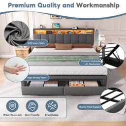 Btm 6Ft Super King Upholstered Storage Bed, Hydraulic Lift, Led Headboard With Charging, Linen Grey (No Mattress) - thumbnail 8
