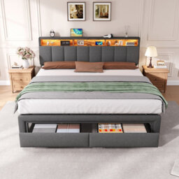 Btm 6Ft Super King Upholstered Storage Bed, Hydraulic Lift, Led Headboard With Charging, Linen Grey (No Mattress) - thumbnail 6