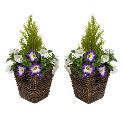 Greenbrokers 2 X Artificial Dark Purple & White Petunias Rattan Patio Planters - image 1