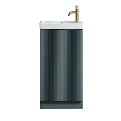 FNX Bathrooms Fluted Mini Cloakroom Vanity Unit With Basin Floor Standing Soft Close Door Integrated Storage - Smoked Sage - image 1