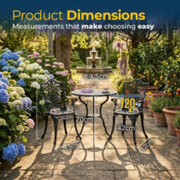 Homeology Tabreez Black Outdoor Garden Patio Table And 2 Large Chairs With Armrests Cast Aluminium Bistro Set - thumbnail 9