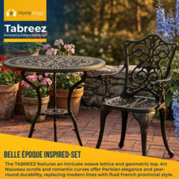 Homeology Tabreez Black Outdoor Garden Patio Table And 2 Large Chairs With Armrests Cast Aluminium Bistro Set - thumbnail 2