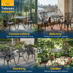 Homeology Tabreez Black Outdoor Garden Patio Table And 2 Large Chairs With Armrests Cast Aluminium Bistro Set - thumbnail 3